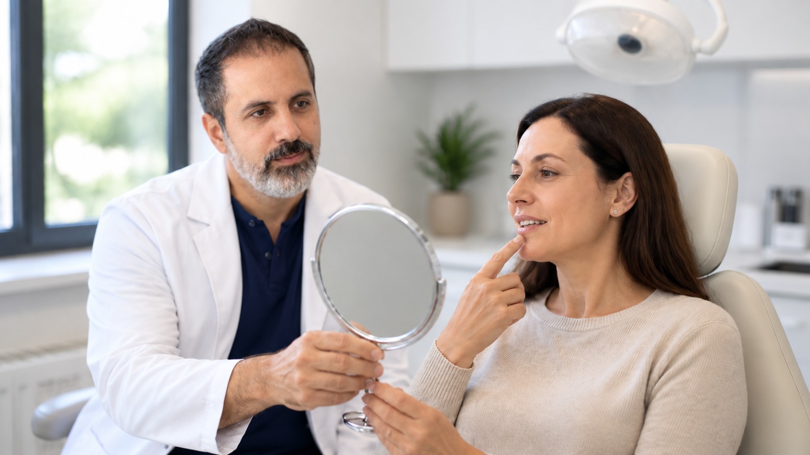 Dentist showing a patient a hand mirror during a facial aesthetics consultation