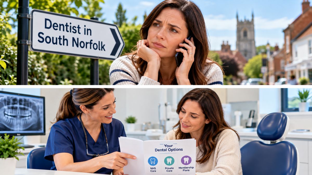Worried patient phoning around for a dentist in South Norfolk, and a dentist explaining NHS, private and membership dental options