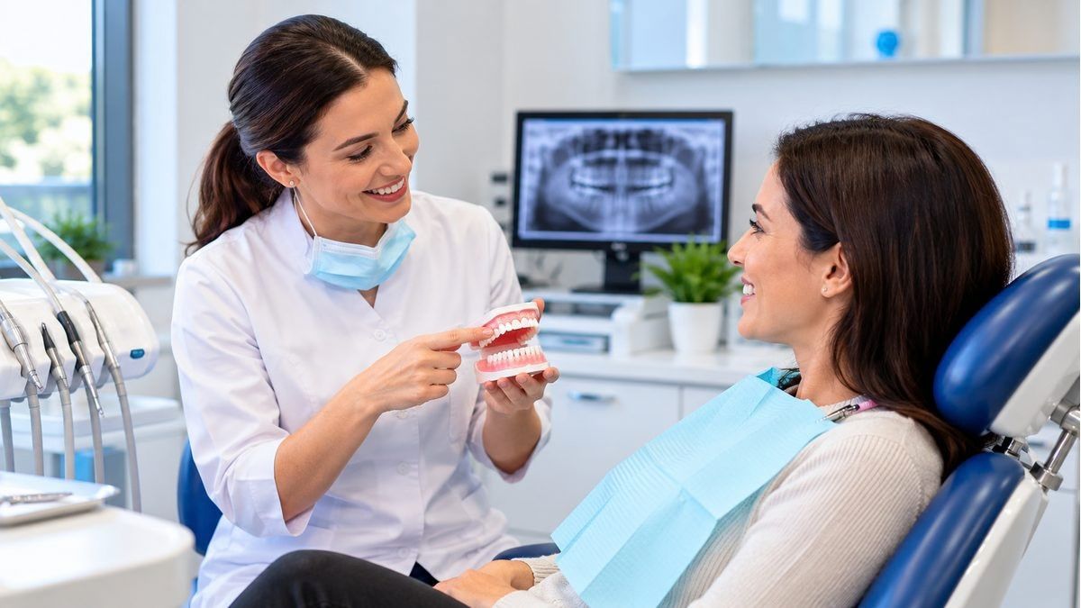 Dentist showing a patient a model of teeth during a first dental visit at Harleston Dental and Aesthetic Clinic