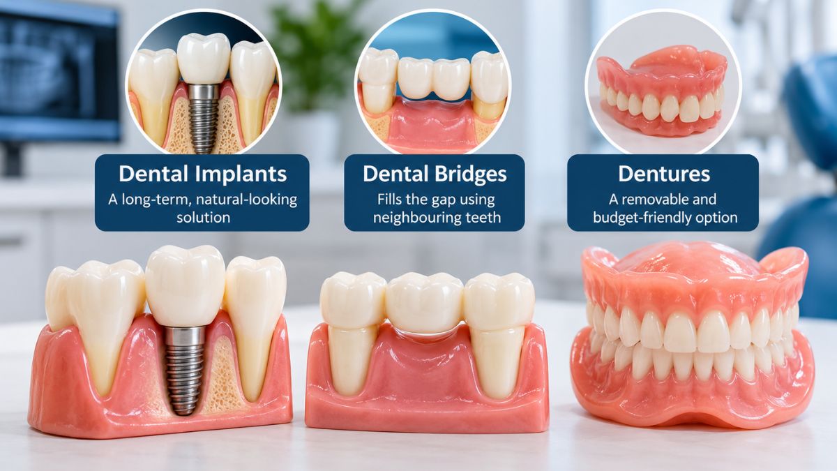 Models comparing a dental implant, a dental bridge and a denture